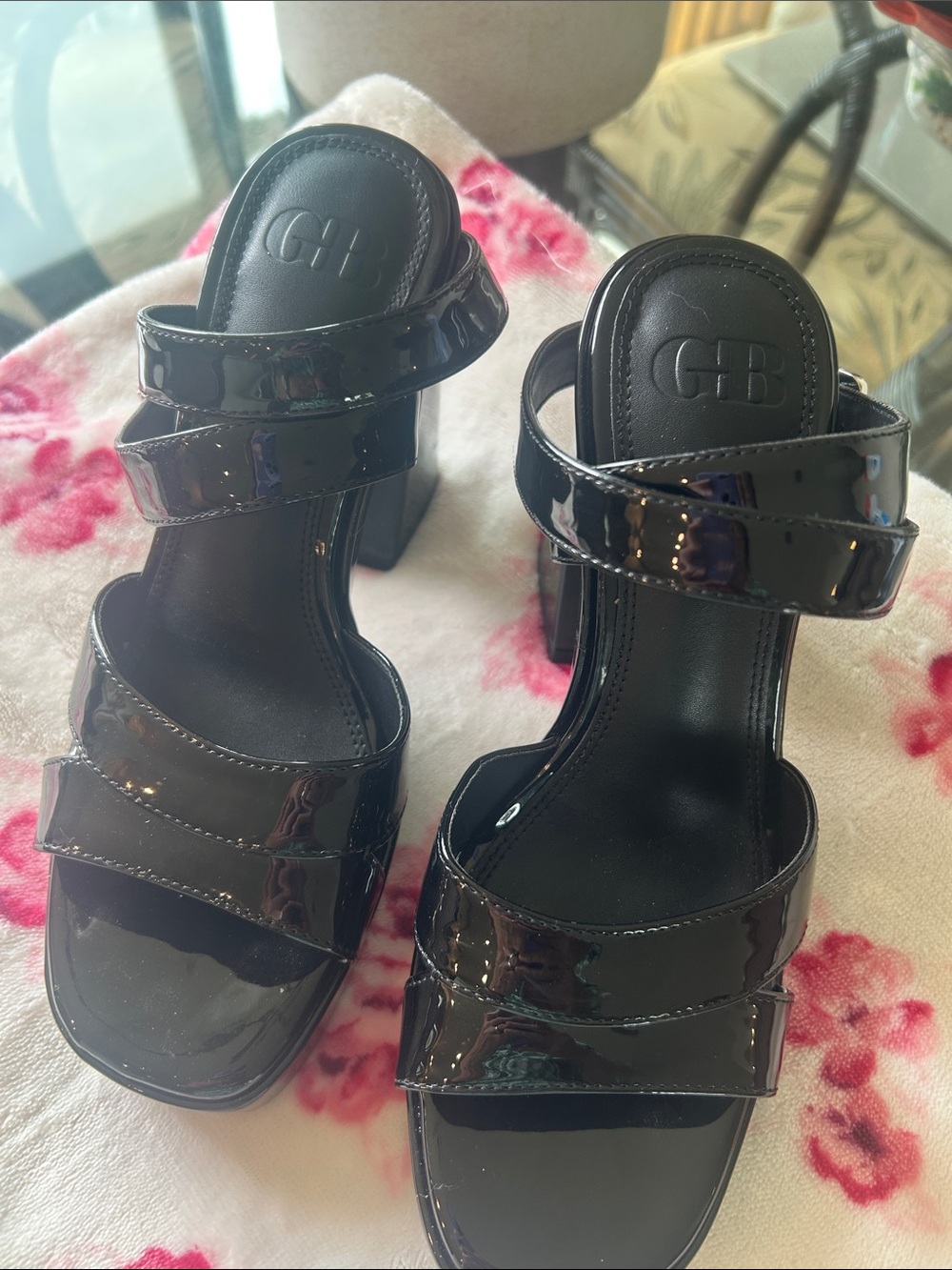 Gianni Bini Black Patent Double-Strap Block Heel Sandals